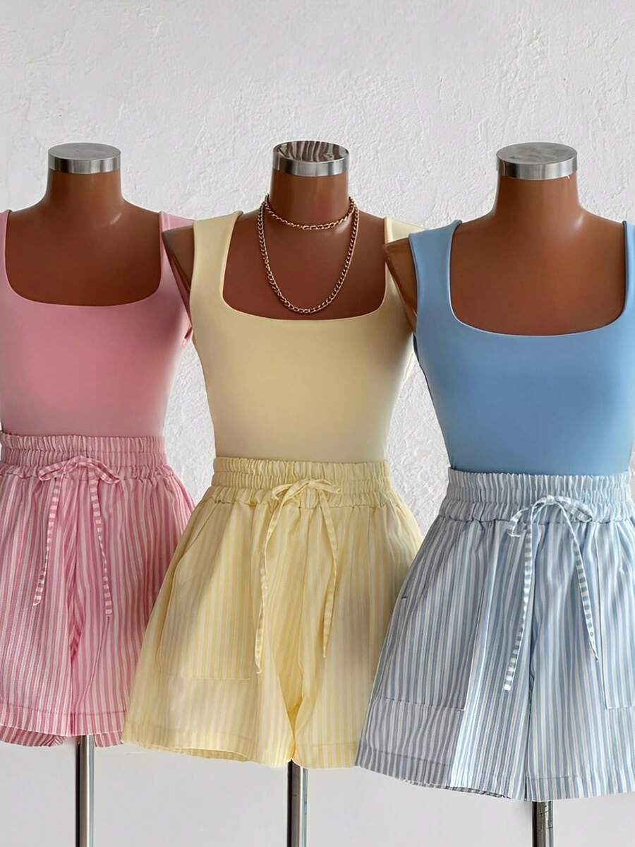 Kit 3 Basic Bodysuit Square Neckline Wide Straps Versatile Shaper Casual Suplex Brown Gray Black Fashion Blogger Gringa - VÀNG-HỒNG-XANH DƯƠNG - Xem 1