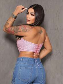 Cropped Corset With Ribs And Shiny Strapless | Ties At The Back Fashion 2025 Summer/Carnival/Party - Watermelon Pink - View 3