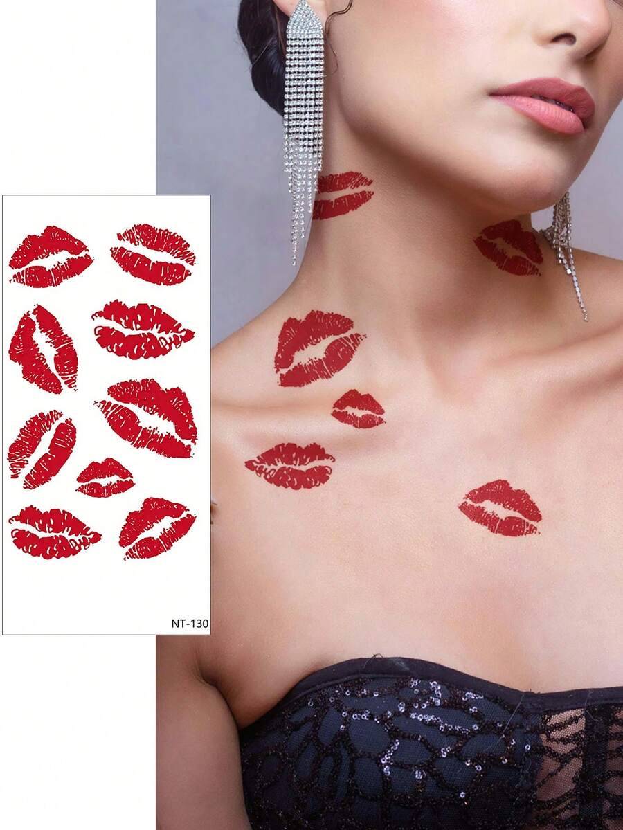 1 pieza Tatuaje temporal de labios rojos y sexys, apto para uso diario - Rojo - Ver 1