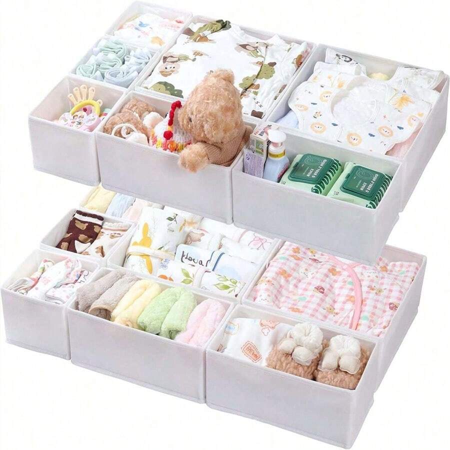 14/12/8/6/3/1 件装衣物抽屉整理器 - 布艺婴儿抽屉隔板，可折叠可洗衣柜收纳整理器 - 3 种尺寸，适用于内衣、婴儿服装、胸罩、袜子、领带、围巾，白色