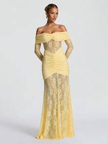 女士优雅浪漫蕾丝拼接露肩长袖美人鱼长裙