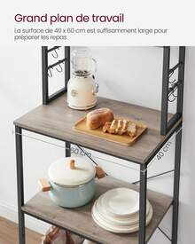 VASAGLE Étagère de Cuisine, Étagère pour Machine à Café, 6 Étagères, 6 Crochets, pour Four à Micro-ondes, Cadre en Acier, Style Industriel, 40 x 60 x 167 cm, Grège Chiné et Noir d'Encre - Grège, noir - Voir 4