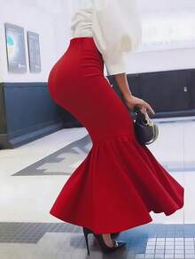 Jupe évasée à taille nouée en tissu tricoté de couleur unie pour femmes grandes tailles, convient pour toutes les saisons - Rouge - Voir 6