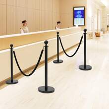 Stainless Steel Stanchion Post, 4.92FT Black Carpet Ropes, Stanchion Post With Ball Top, Hollow Base And Velvet Ropes Safety Barriers Set For Party-4 Posts + 2 Rope