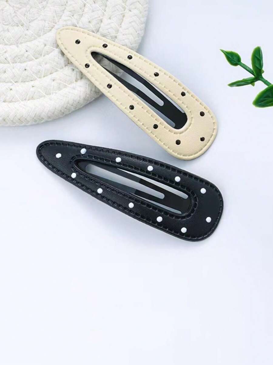 2pcs Black & White Polka Dot Leather Hair Clips, Bangs Clips, Claw Clips For Students, Fresh Style, Hair Claws, Hair Slide, Hair Barrettes, Hair Accessories