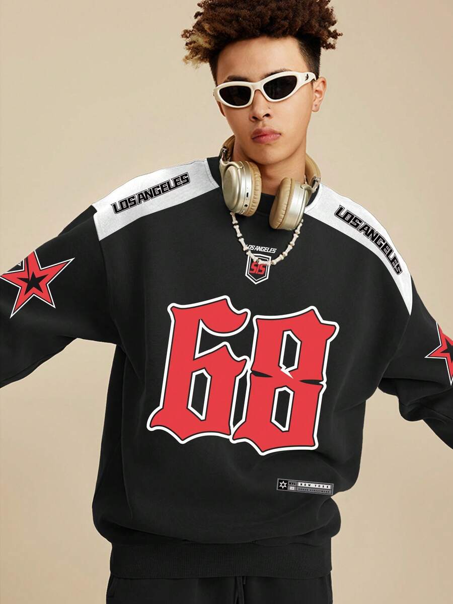 Men's Casual Crew Neck Sweatshirt With Unique Hand-Drawn Print - Comfy, Stretchy Polyester Blend For Fall/Winter Outings & Date Nights