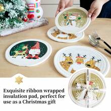 3pcs/Set Round Christmas Print Heat Insulation Pad Series, Cotton Rope Woven With Ribbon Packaging, Thick, Flexible, Multi-Purpose Insulation Pad For Cups, Bowls, Pots, Ideal For Christmas Gifts (Diameter: 7.09inch/18cm)