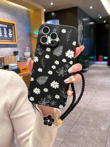 1 Stück schwarze TPU Gänseblümchen & Blatt Muster stoßfeste Handyhülle und 1 Stück schwarzes Tropfkleber Strass Blumen Lanyard, kompatibel mit iPhone, Android Smartphones einschließlich iPhone 15 Pro Max, A14, A54, A52, A31 4G, A23, Redmi Note 8 Pro, Note 11 Pro 4G, Note 12 4G, OPPO A54