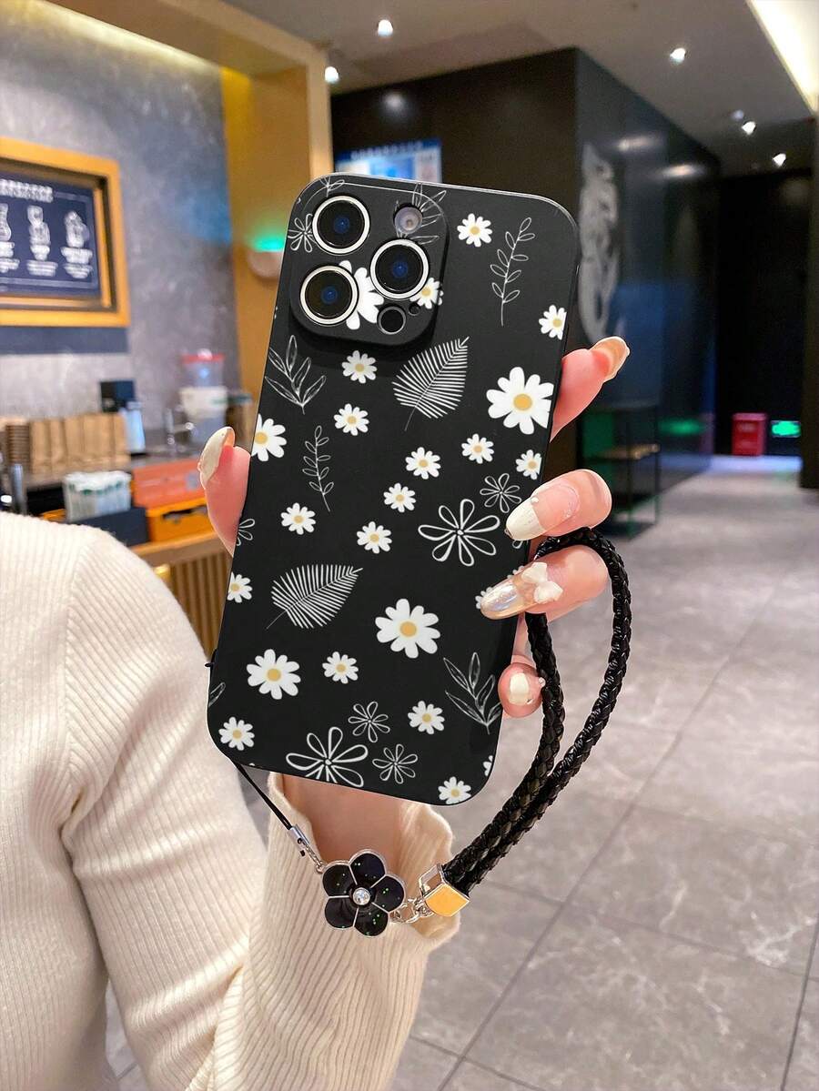 1 Stück schwarze TPU Gänseblümchen & Blatt Muster stoßfeste Handyhülle und 1 Stück schwarzes Tropfkleber Strass Blumen Lanyard, kompatibel mit iPhone, Android Smartphones einschließlich iPhone 15 Pro Max, A14, A54, A52, A31 4G, A23, Redmi Note 8 Pro, Note 11 Pro 4G, Note 12 4G, OPPO A54