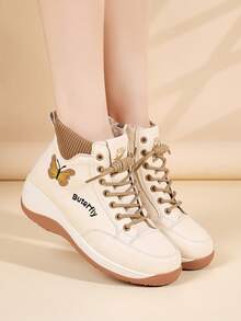 新款秋冬女士厚底时尚靴子，系带蝴蝶侧拉链百搭轻便防滑软底舒适休闲踝靴