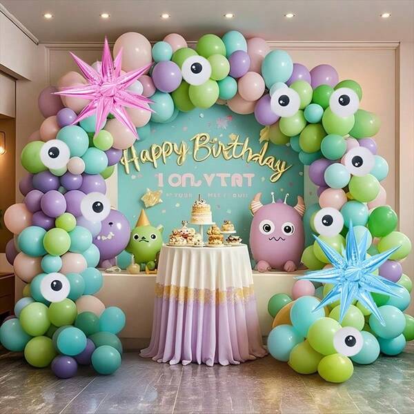 Juego de 135 piezas para arco de globos con tema de monstruos, globos de látex rosa/verde/azul/morado (18/10/5 pulgadas), globos de aluminio con forma de estrella explosiva, adecuado para fiestas de cumpleaños y celebraciones, bautizos, baby showers, fiestas temáticas, decoraciones de Halloween