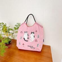 1 Stück große Kapazität rosa Nylon Leinwand Shopper Tasche mit Katzen Aufdruck, lässige vielseitige Cartoon Schulter Umhängetasche mit Riemen