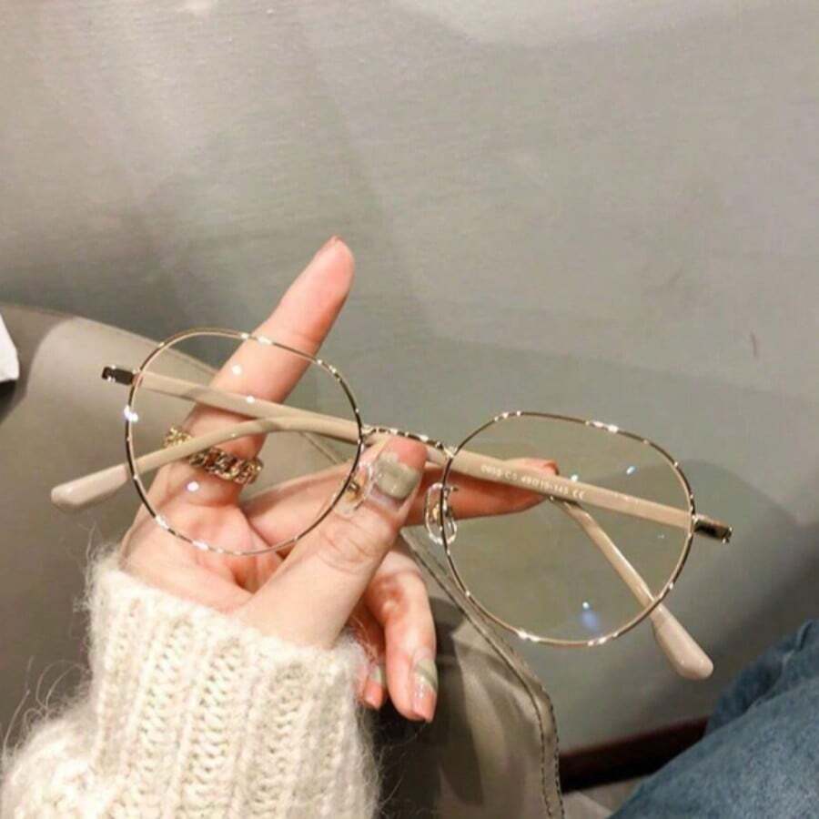 1 Pair Women's Metal Frame Glasses, Minimalist Fashion, Oval Transparent Lenses, Retro Style - Multicolor - View 1