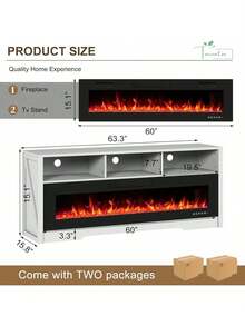 65" Fireplace TV Stand For Living Room With 60" LED Electric Entertainment Center, Modern TV Cabinet For 75" TVs With Open Storage Shelves - 白色 - 查看 2