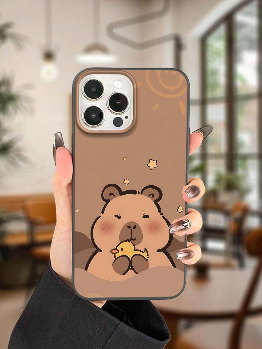 Summer Black Round Edged Large Hole Frosted Soft Phone Case Aesthetic Printed With Creative Capybara Patterns Providing 360 Degree All-Round Protection Compatible With Iphone 16 12 13 14 15 11 Pro Max XR X/XS 7 8 Plus 16E, Lightweight And Durable, Stylish Appearance, High-Quality Gift - Black - View 1