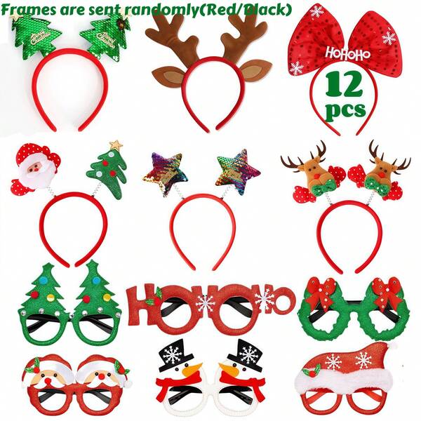 6/12/18 Pack Christmas Glasses Frame And Headbands Set, Christmas Party Favors, Cute Christmas Glasses Headbands Set, Christmas Headwear, Christmas Glasses Frame, Exquisite Decoration Accessories For Christmas Parties Holiday Favors And Photo Booth