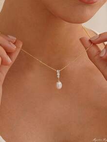 金色人造锆石仿珍珠吊坠项链和耳环套装 - 女士时尚、优雅、精致的新娘首饰套装、新娘首饰、婚礼配饰、时尚首饰礼品 - 金色 - 查看 9