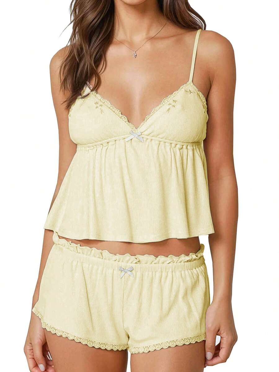 Women's Summer Pajamas Set Stylish Embroidery Lace Trim Camisole Tops With Shorts Lounge Wear 2 Pcs Set - Màu vàng - Xem 1