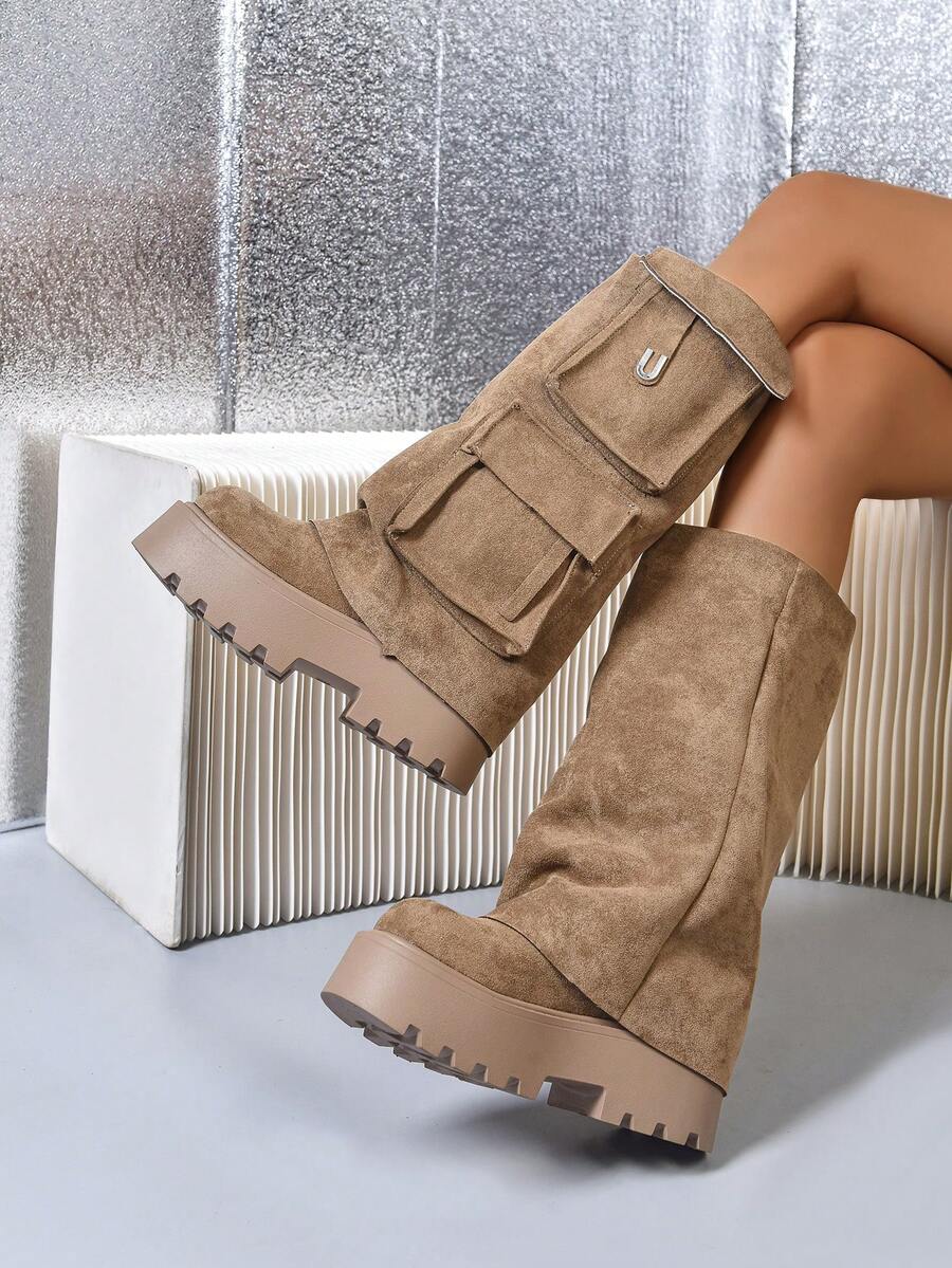 Bốt cổ ngắn hai túi kaki họa tiết chữ U mới cho nữ mùa thu/đông, phù hợp với phong cách đường phố, kiểu dáng Cargo, bốt đế dày chống trượt, phong cách Punk phương Tây có khóa và khóa kéo bên hông, trang phục thường ngày