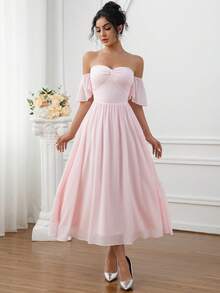 优雅浅粉色雪纺露肩中长伴娘礼服，性感V领设计，适合伴娘婚礼穿着。 - 淺粉色 - 查看 3