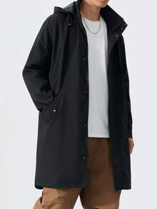 Plus Size Men's Solid Color Long Sleeve Hooded Trench Coat, Suitable For Autumn - Black - View 8