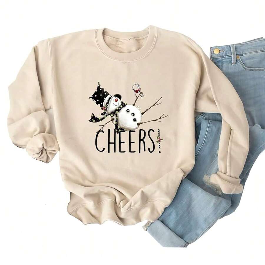 Ykomow Snowman Wine Cheers Sweatshirts Women Long Sleeve Christmas Graphic Tees Funny Xmas Tops-236605 - 奶油 - 查看 1
