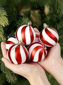 6 Stück Weihnachts-Kugeln mit rot-weißen Streifen, Kunststoff-Ornamente mit glitzerndem S-förmigem Streifendesign, langanhaltend und geeignet für Weihnachtsbaum-Dekorationen, Weihnachtsparty-Dekorationen, Hochzeitsdekoration, Geburtstagsparty-Dekoration, Innen- und Außenbereich, Gartendekoration, Fensterdekorationen, Weihnachtsdekorations-Zubehör