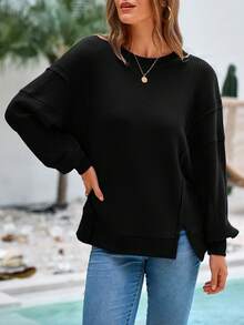 Women  Oversized Sweatshirt  Crewneck Long Sleeve Pullover Waffle Knit Tops Christmas New Years Fall Clothes For Women - 黑色 - 查看 5