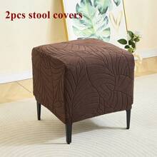 1pc/2pcs Square Footstool Cover, Elastic Leaf Jacquard Pattern, Full Wrap Footrest Protector, Suitable For Sofa And Living Room - Coffee Brown - View 9