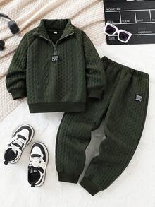 2pcs/Set Young Boy Casual Striped Jacquard Patch Zipper Hoodie And Pants Set, Suitable For Leisure, Sports, Daily Wear, Outdoor, School, Spring & Autumn