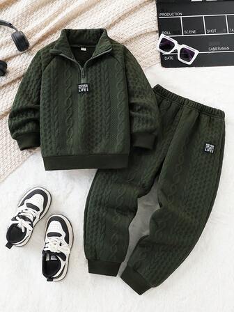 2pcs/Set Young Boy Casual Striped Jacquard Patch Zipper Hoodie And Pants Set, Suitable For Leisure, Sports, Daily Wear, Outdoor, School, Spring & Autumn