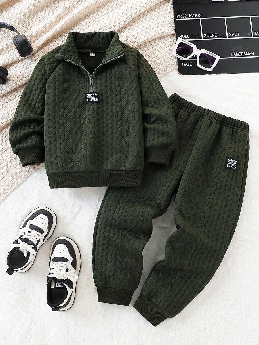 2pcs/Set Young Boy Casual Striped Jacquard Patch Zipper Hoodie And Pants Set, Suitable For Leisure, Sports, Daily Wear, Outdoor, School, Spring & Autumn