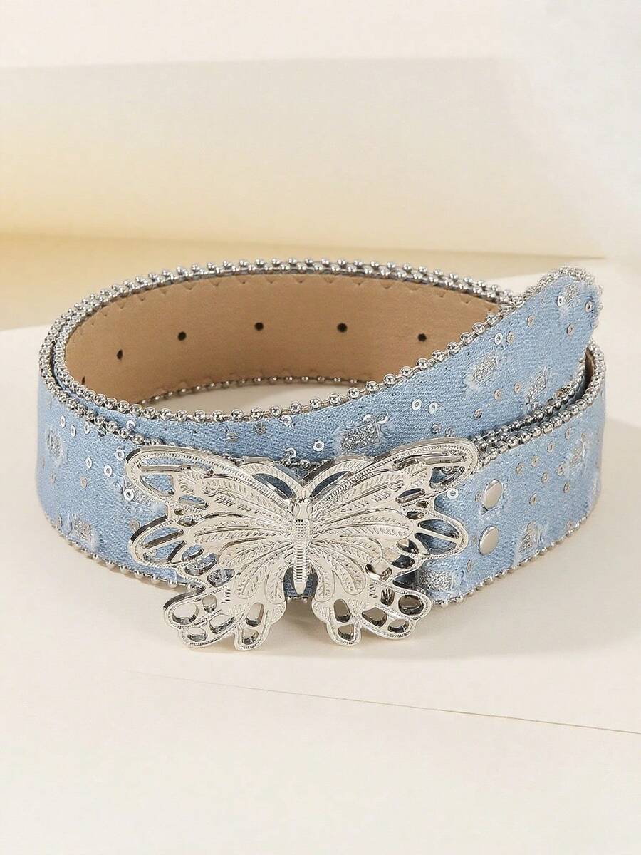 1pc Bohemian Vintage Solid Color Belt, Y2K Girly Leather Belt, Suitable For Dresses, Suits, Jeans, Formal Occasions, Casual Outings, Parties, Music Festivals, Etc. - Butterfly Buckle - View 1