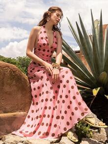 Faeriesty BohoBloom Women's Backless Polka Dot Dress, Adjustable Tie-Back, Ruched Waist Design - Bohemian Beach Vacation, Casual Outing, Garden Party, Summer Outfit | Women's Clothing - Pink - View 8