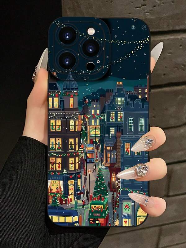 Custodia morbida opaca nera con protezione completa, anti-polvere, impermeabile, compatibile con 16/15/14/13/12/11/Pro/ProMax/X/XR/XS/XSMAX/7/8/PLUS e modelli, tema natalizio romantico da strada 2D stampato, stile creativo minimalista elegante, adatto come regalo per anziani, amici, famiglia, coppie, compleanni, Ognissanti, Natale