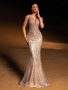 Faeriesty Haute Glamour Luxury Sleeveless Mermaid Sparkly Evening Gown With Deep V-Neck – Dense Shimmering Sequin & Bead Embroidery, Flowing Fish-Tail Skirt For Red-Carpet Luxury Weddings, Brand Galas & Formal Dinners For Women New Year