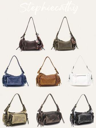 STEPHIECATHY 复古学院风女士单肩包，水洗PU皮革材质，拉链封口，多口袋设计，实用百搭，可斜挎携带，适合日常通勤、大学校园、旅行等多种场合。Y2K风格，2000年代时尚，波西米亚风，女士手提包，精美礼品。