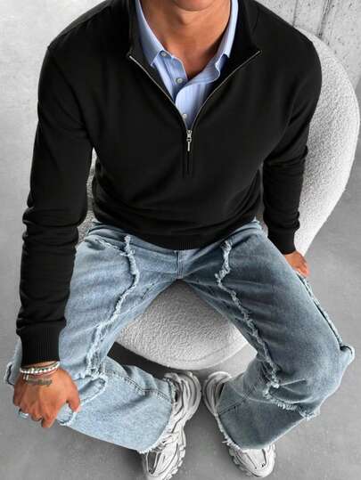 Maglione casual da uomo a maniche lunghe con mezza chiusura lampo, versatile per l'uso quotidiano