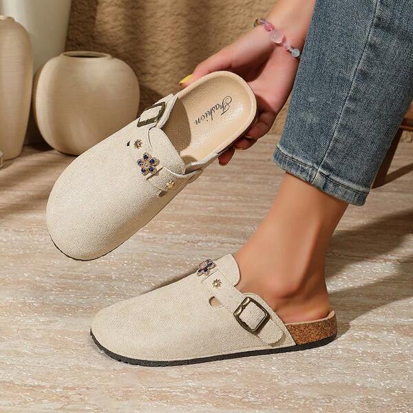 Zapatos casuales cómodos y antideslizantes con flores de cristal para mujer, pantuflas planas tipo mula