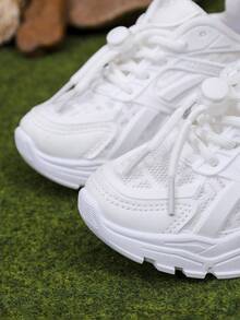 Boys And Girls Breathable Mesh White Sneakers, Elastic Slip-On Sports Shoes For Older Kids, All-Season Casual Running Shoes For Students - White - View 8