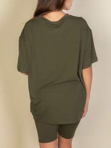 2pcs Loose Fit Top & Biker Shorts Set For Women, Solid Color Round Neck Machine Washable Comfy Basic Loungewear Sets For Summer Spring Fall - 橄欖 - 查看 5