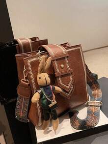 Túi xách đeo vai kiểu dáng retro đa năng màu trơn có chữ cái, dây đeo điều chỉnh được, phong cách thu đông mới, túi xô tối giản thường ngày, phù hợp cho đi làm, mua sắm và hẹn hò. - Cà phê - Xem 8