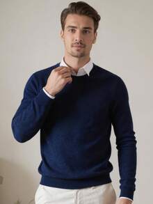 Men's Crew Neck Sweater Soft Casual Sweaters For Men Classic Pullover Sweaters With Ribbing Edge - Dark Blue - View 5