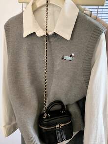 Alicedudu 女式卡通图案圆领套头背心，秋冬 - 灰色 - 查看 4