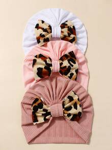 3pcs Baby Ribbed Leopard Print Bow Headband & Hat Set, Comfortable & Breathable Fabric For Everyday Use - Multicolor - View 1