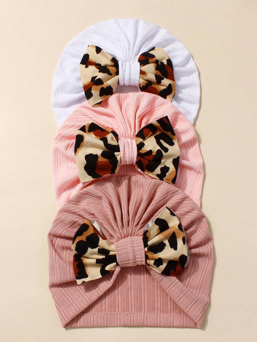 3pcs Baby Ribbed Leopard Print Bow Headband & Hat Set, Comfortable & Breathable Fabric For Everyday Use - Multicolor - View 1