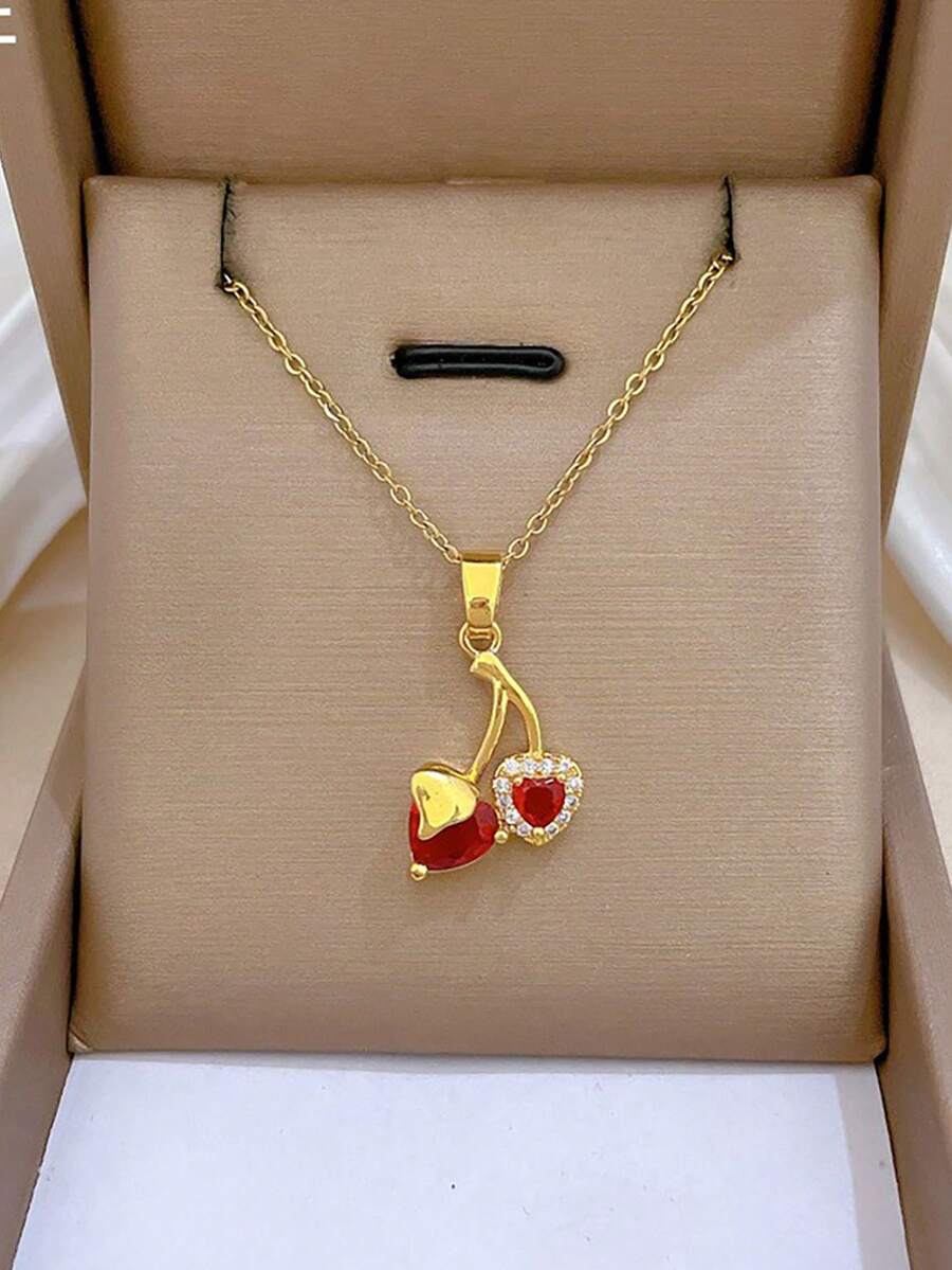 1pc Fashionable Stainless Steel Pomegranate & Cherry Pendant Necklace, Suitable For Daily Wear