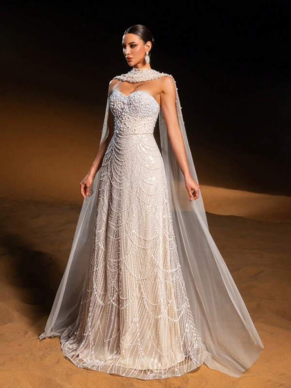 Faeriesty Haute Glamour Luxury Beaded Sequin Sparkly Mermaid Evening Gown With Sheer Tulle Shawl, Intricate Fish-Scale Beadwork | Luxe Elegant Formal Design | Perfect For Red-Carpet Events, Weddings, Galas, And Upscale Evening Parties​ For Women