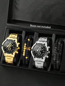 3pcs/Set Men's Oversized Dial Quartz Watch With Alloy Band, Suitable For Business, Sports, Daily Wear, And Beaded Crown Bracelet