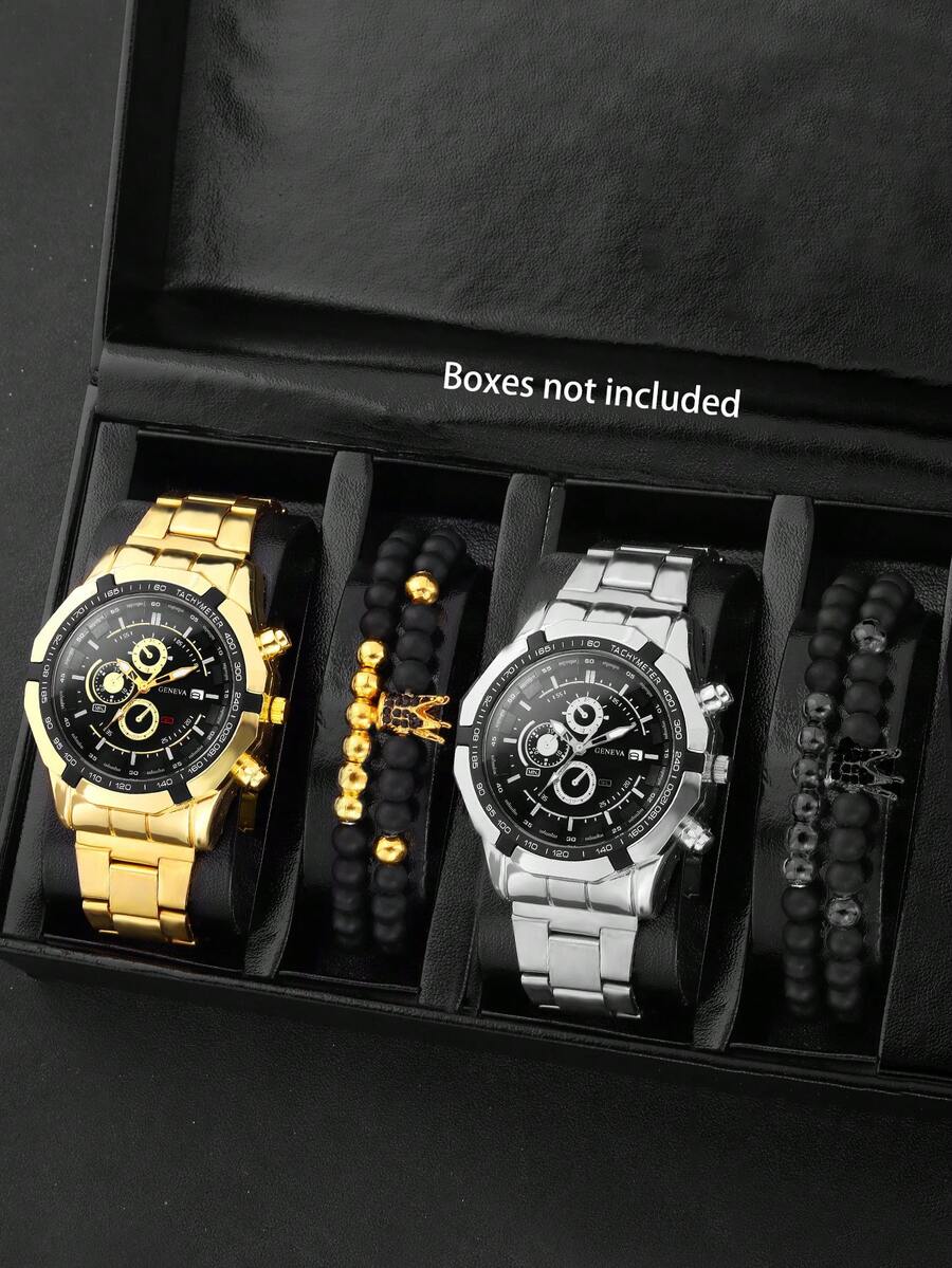 3pcs/Set Men's Oversized Dial Quartz Watch With Alloy Band, Suitable For Business, Sports, Daily Wear, And Beaded Crown Bracelet
